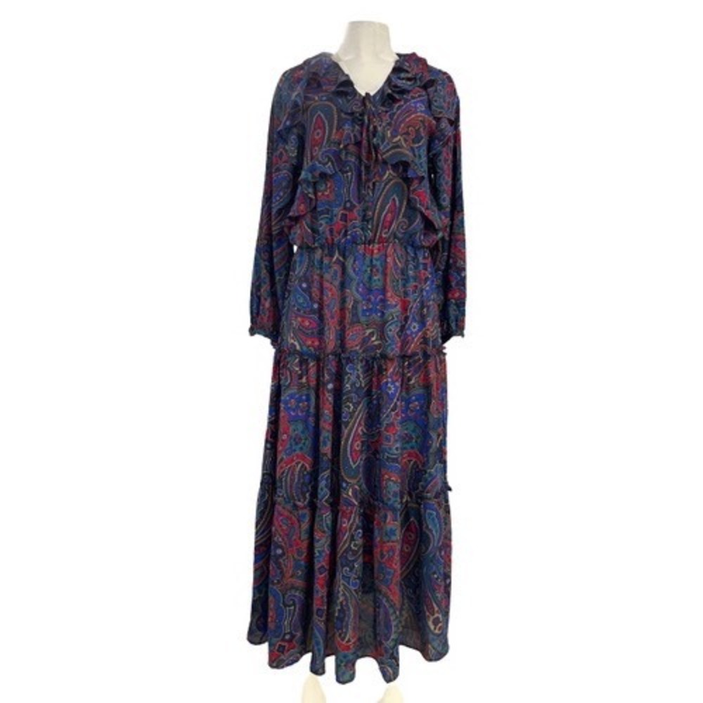 Lauren Ralph Lauren Paisley Ruffle V-Neck Tiered Midi Dress Blue Red Green 12